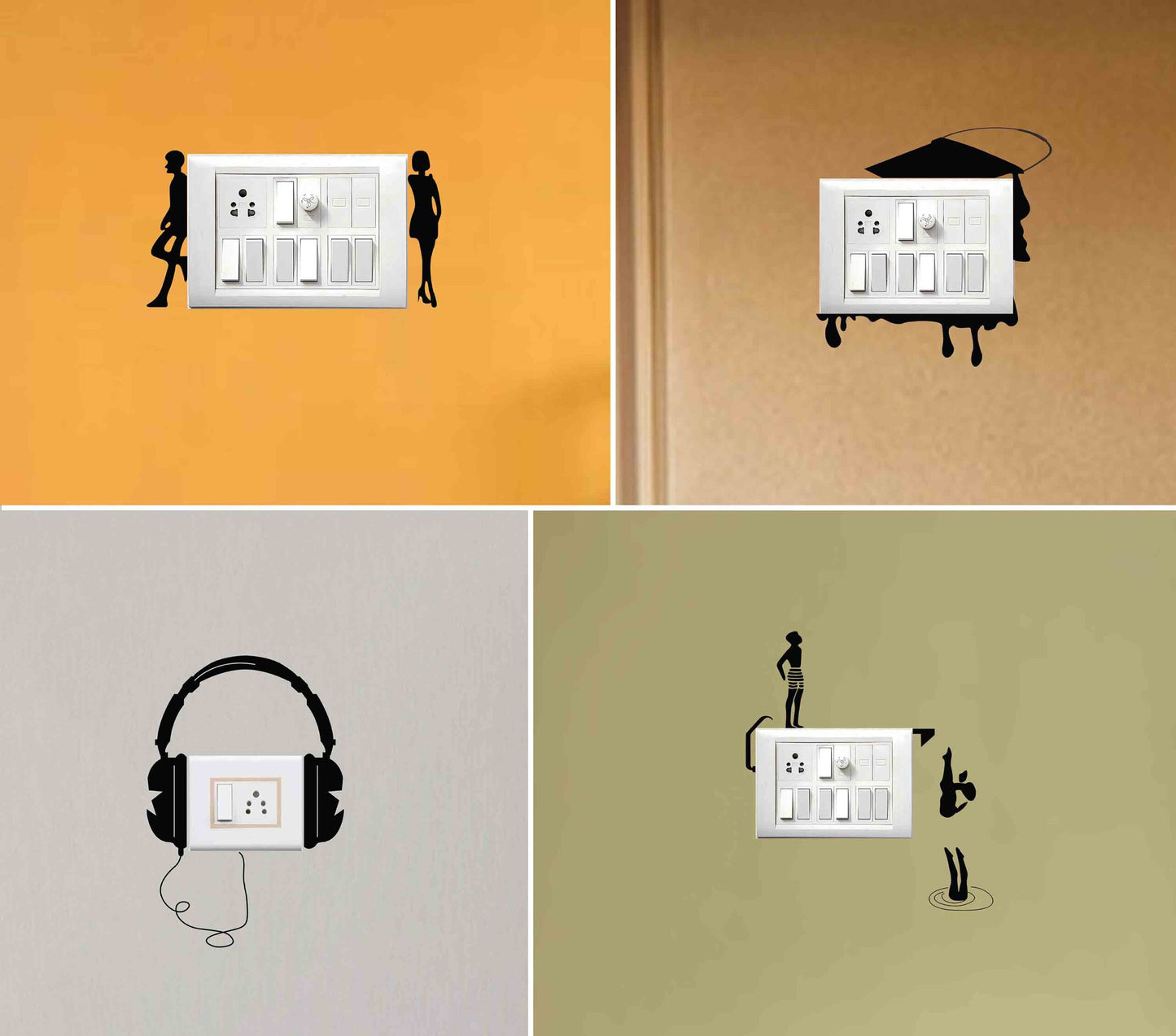 Vinyl Combo Switch Board Wall Sticker (Black) - Set of 4