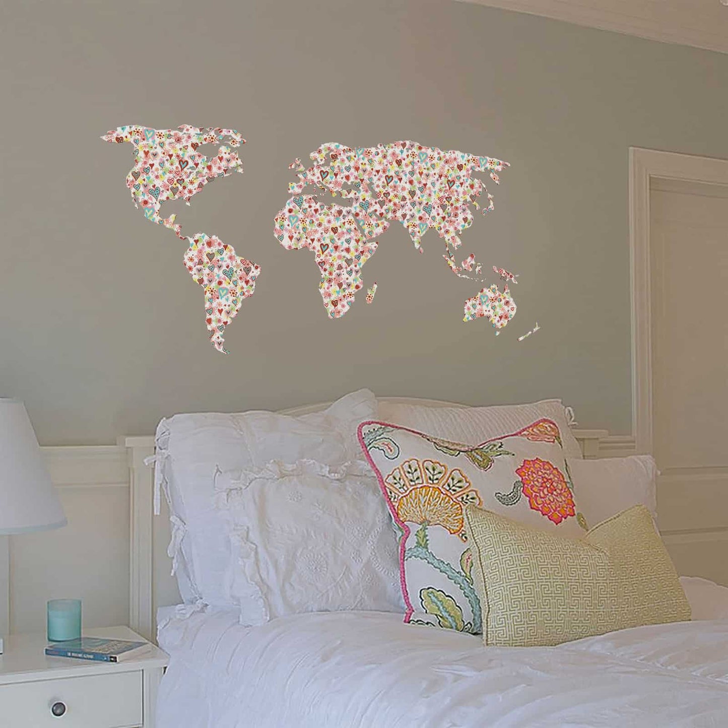 Flowers & Hearts Pattern World Map Wall Sticker