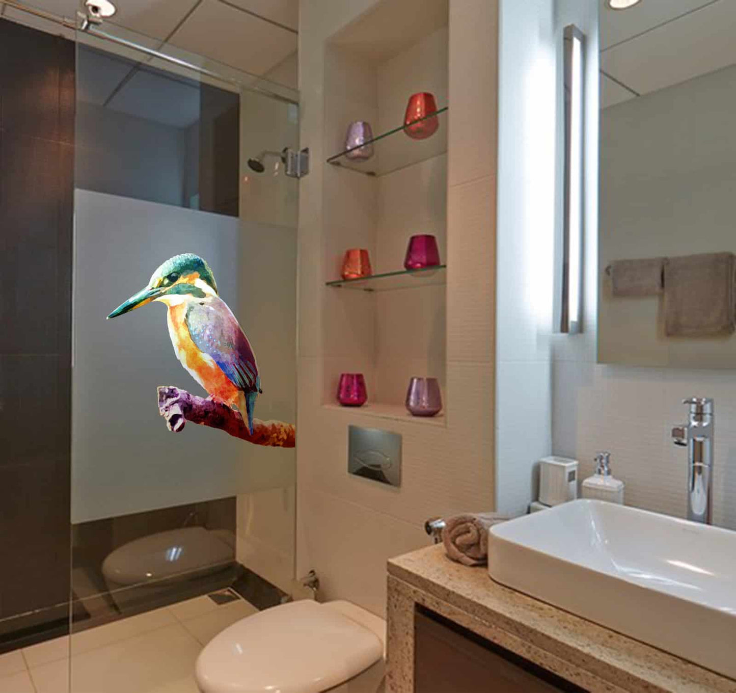 Kingfisher on Branch Water Colour Style Glass Sticker