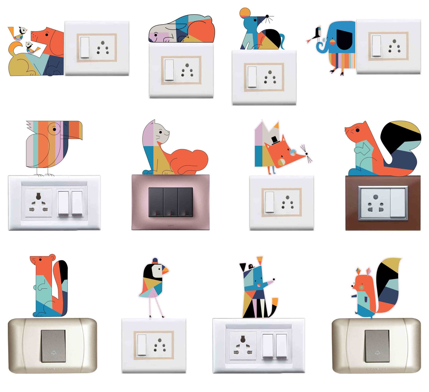 Vinyl Geometric Color Animals Switchboard Sticker ( Multicolour , Set of 12 )