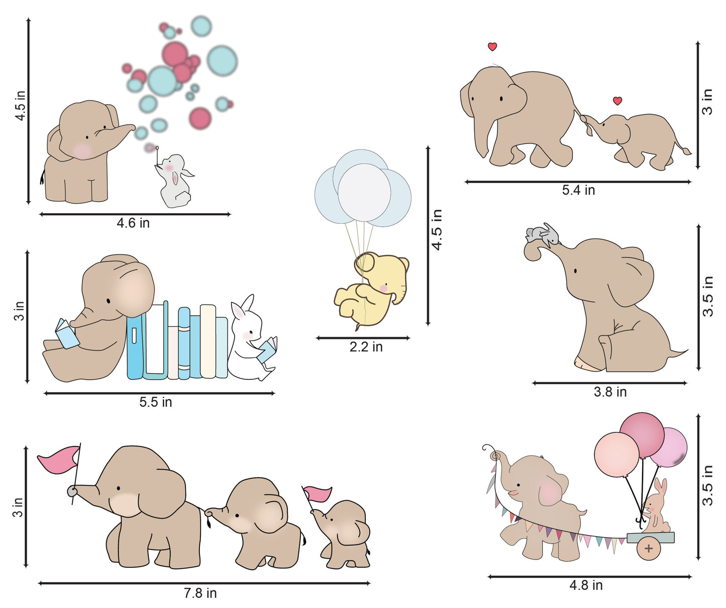 Vinyl Cute Baby Elephants Switchboard Sticker (Multicolour)- Set of 7 Self-Adhesive