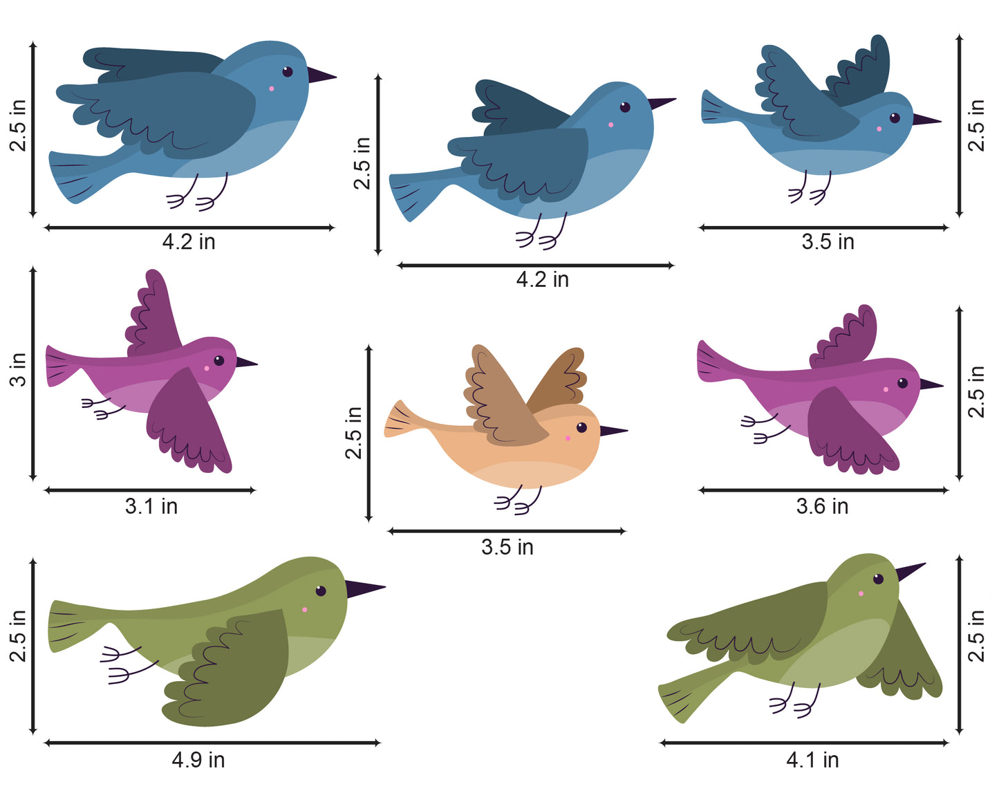 Flat Flying Birds Switchboard Sticker - Set of 8