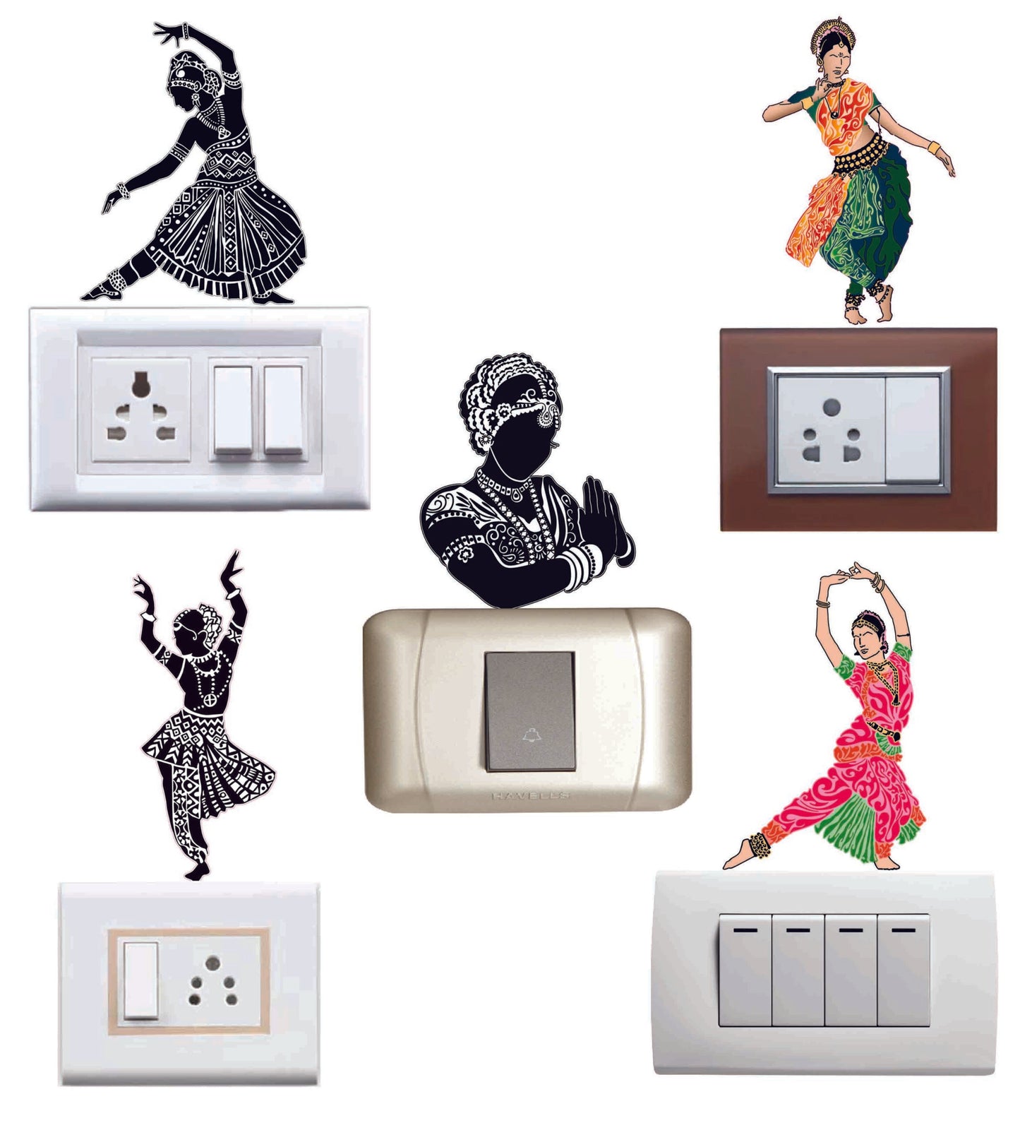 Vinyl Indian Cultural Dance Switchboard Sticker ( Multicolour , Set of 5 )