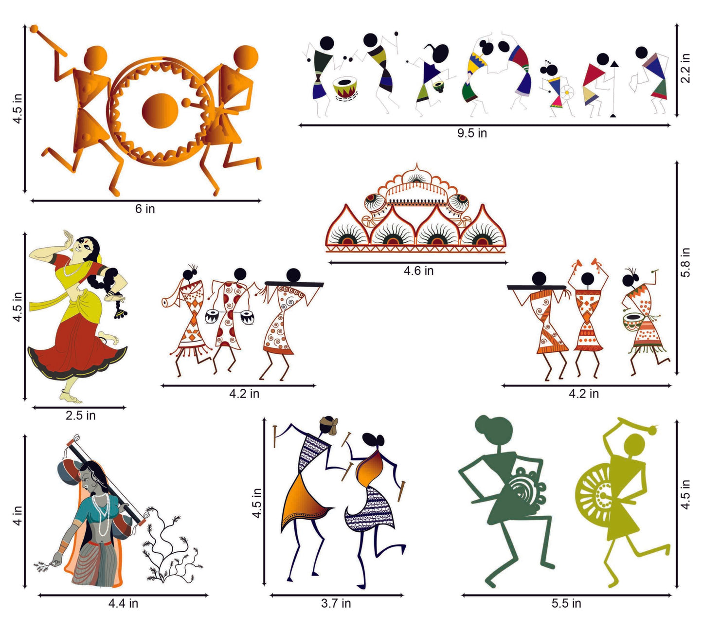 Vinyl Ancient Peoples Warli Painting Switchboard Sticker (Multicolor) -Set of 7