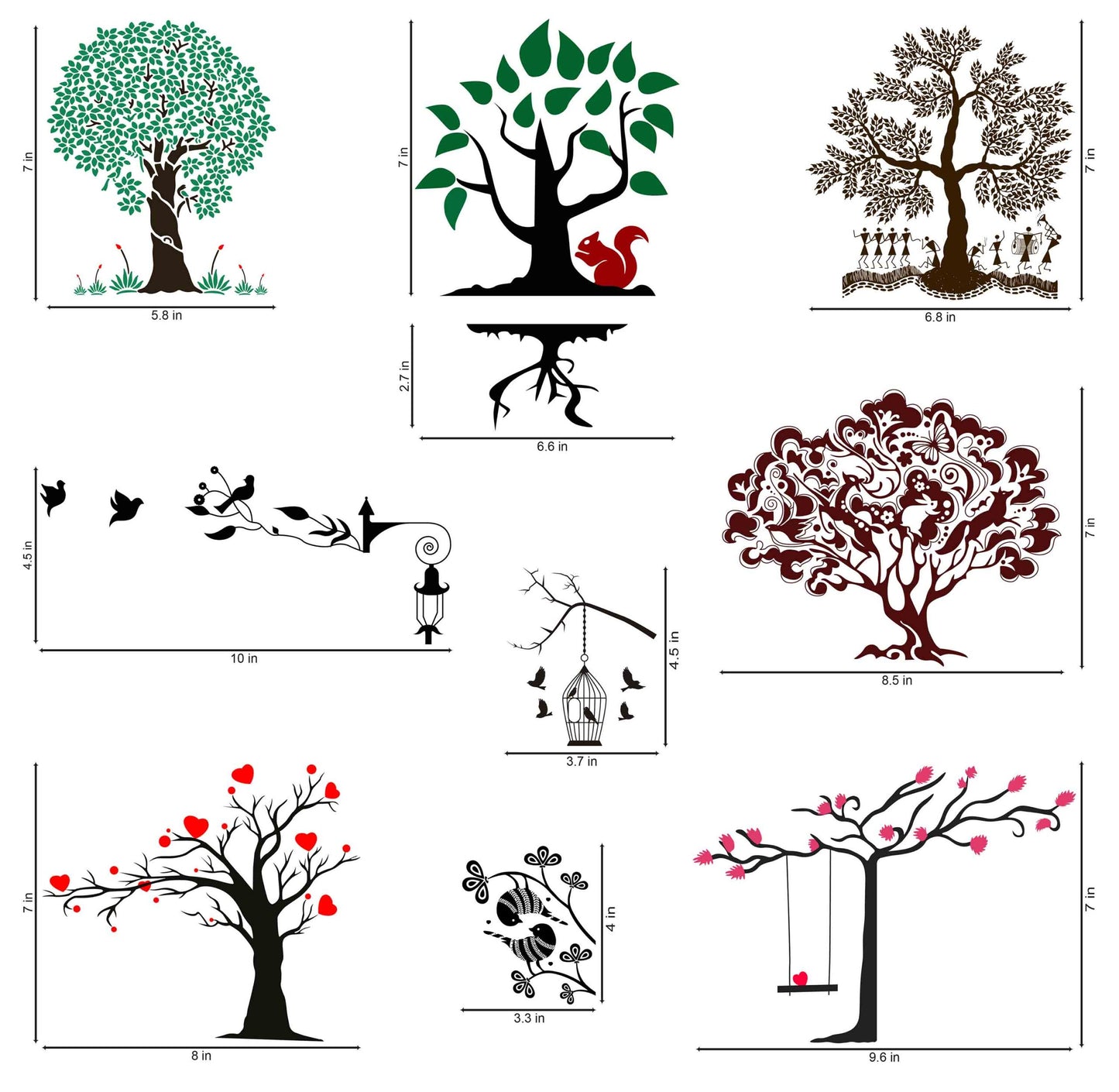 Tree & Leaves Vinyl Switchboard Sticker ( Multicolour , Set of 9 ), Botanical