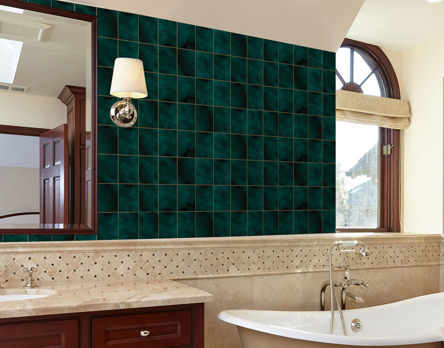 Bottle Green Tile Sticker Durable Surface Decoration Film for Kitchen, Cabinet, Table, Furniture, Wall, Bathroom, Door, Refurbishment