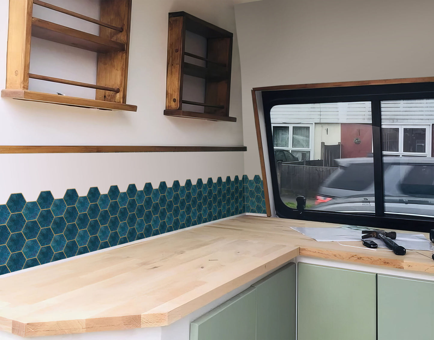 Teal Blue Hexagon Tile Sticker - Durable Surface Decoration Film for Kitchen, Cabinet, Table, Furniture, Wall, Bathroom, Door, Refurbishment