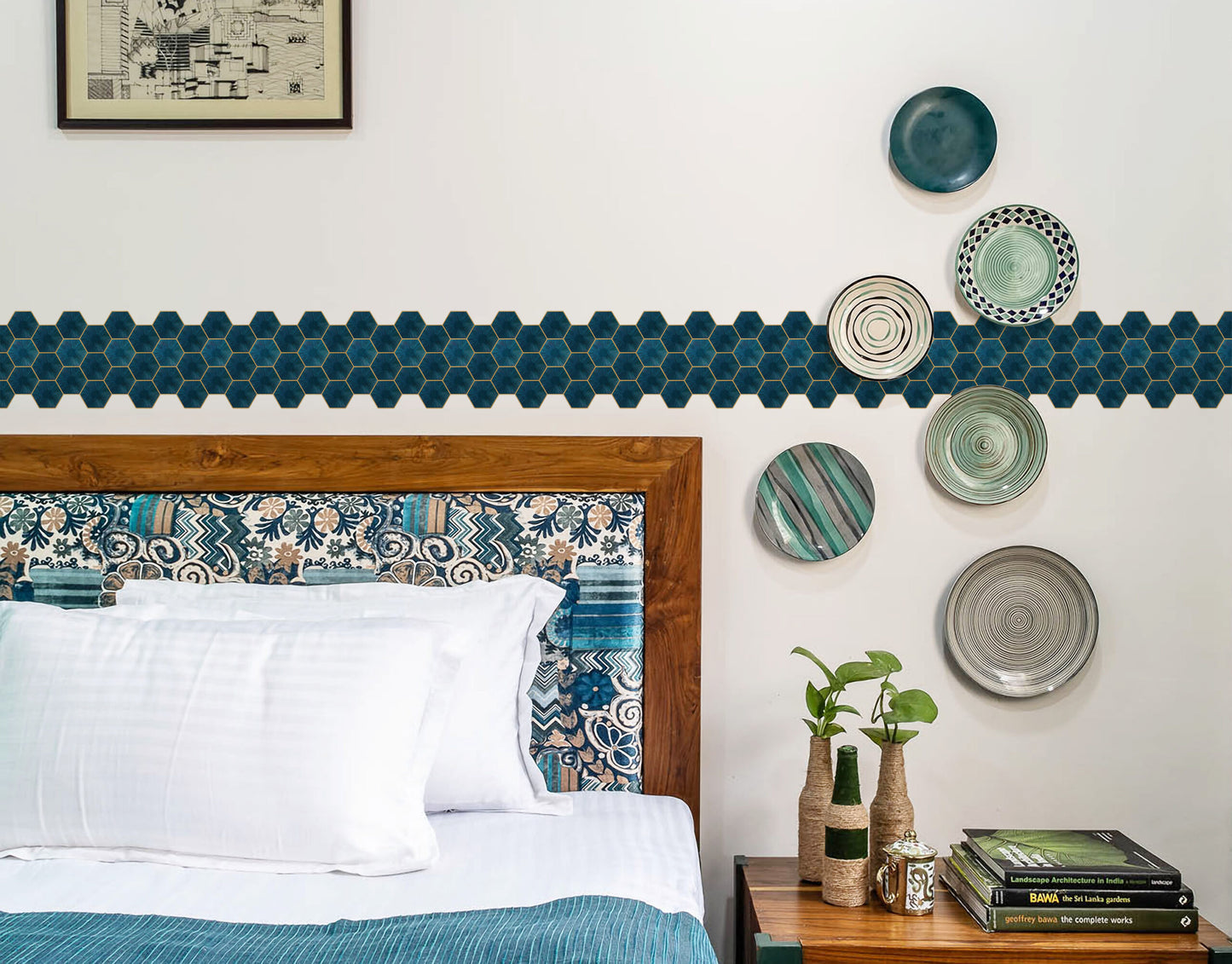 Teal Blue Hexagon Self-Adhesive Tile Sticker Border