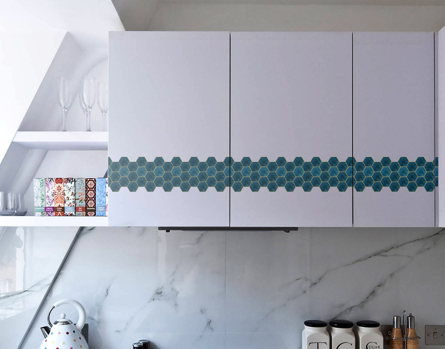 Teal Blue Hexagon Self-Adhesive Tile Sticker Border