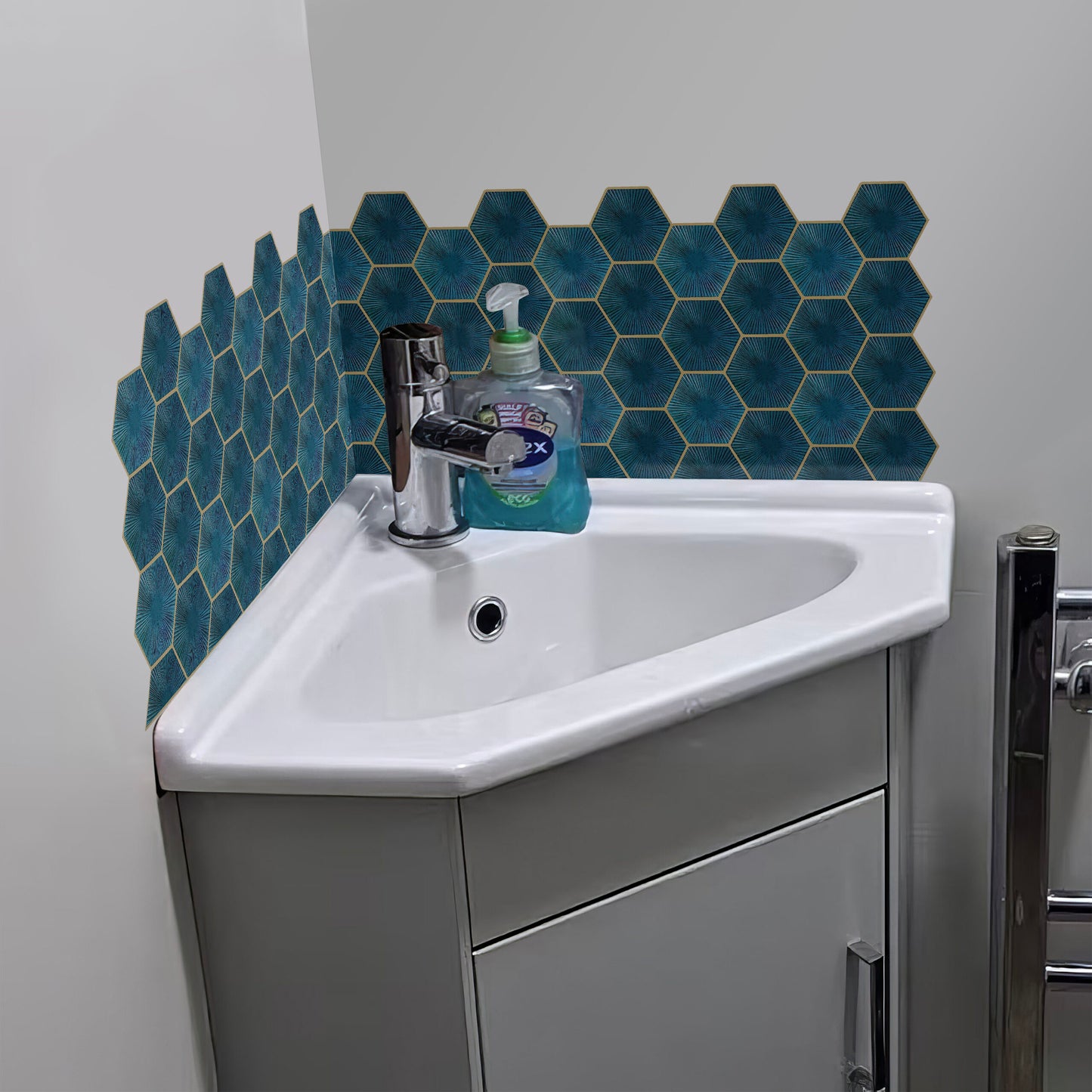Teal Blue Hexagon Tile Sticker - Durable Surface Decoration Film for Kitchen, Cabinet, Table, Furniture, Wall, Bathroom, Door, Refurbishment