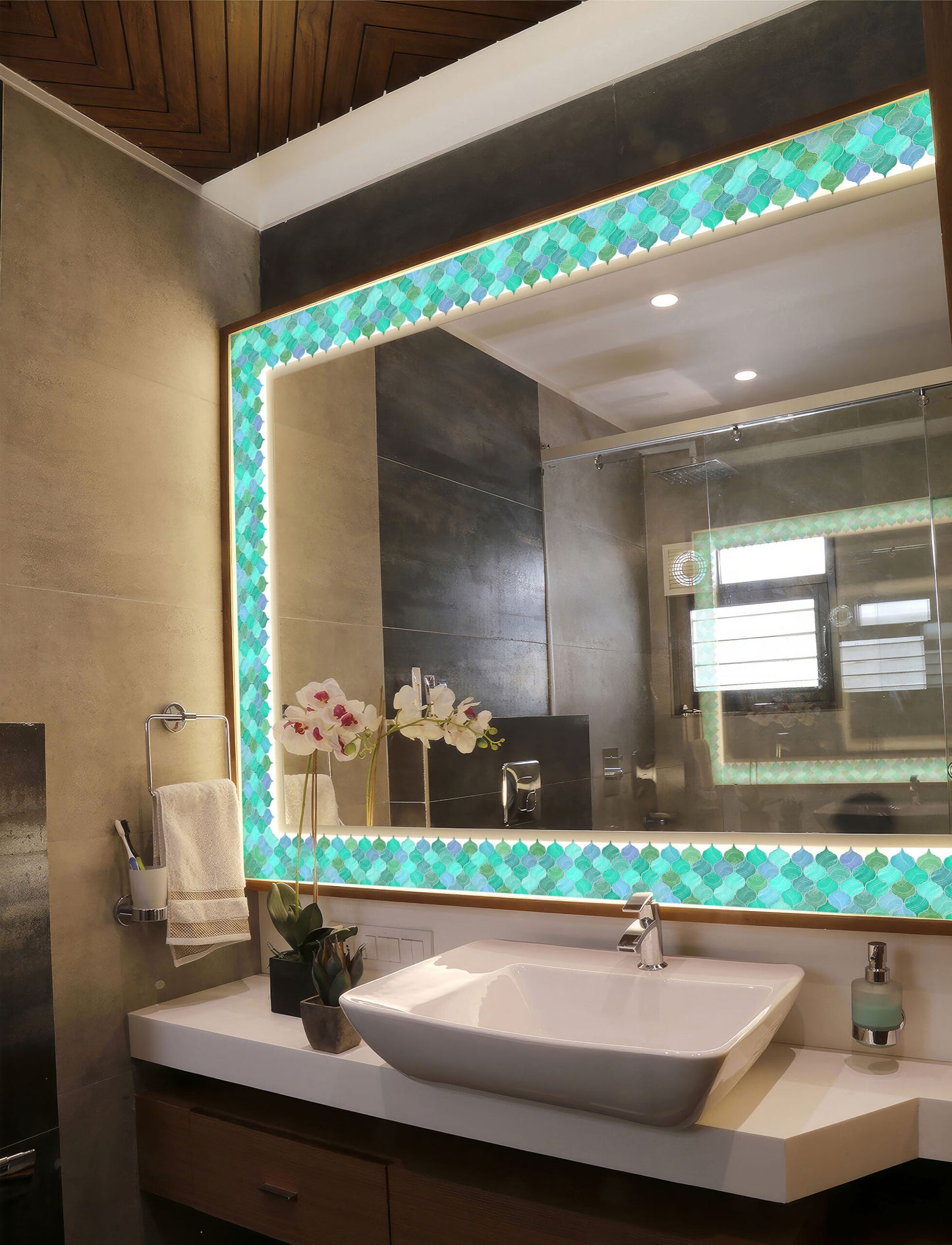 Mosaic Lantern Blue Green Shades Durable Surface Decoration Film for Kitchen, Cabinet, Table, Furniture, Wall, Bathroom, Door, Refurbishment