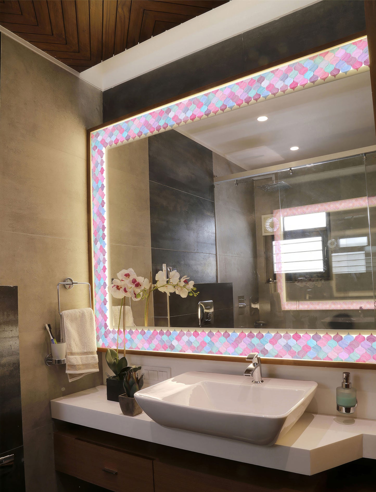 Mosaic Lantern Pink Violet Shades Durable Surface Decoration Film for Kitchen, Cabinet, Table, Furniture, Wall, Bathroom, Door, Refurbishment