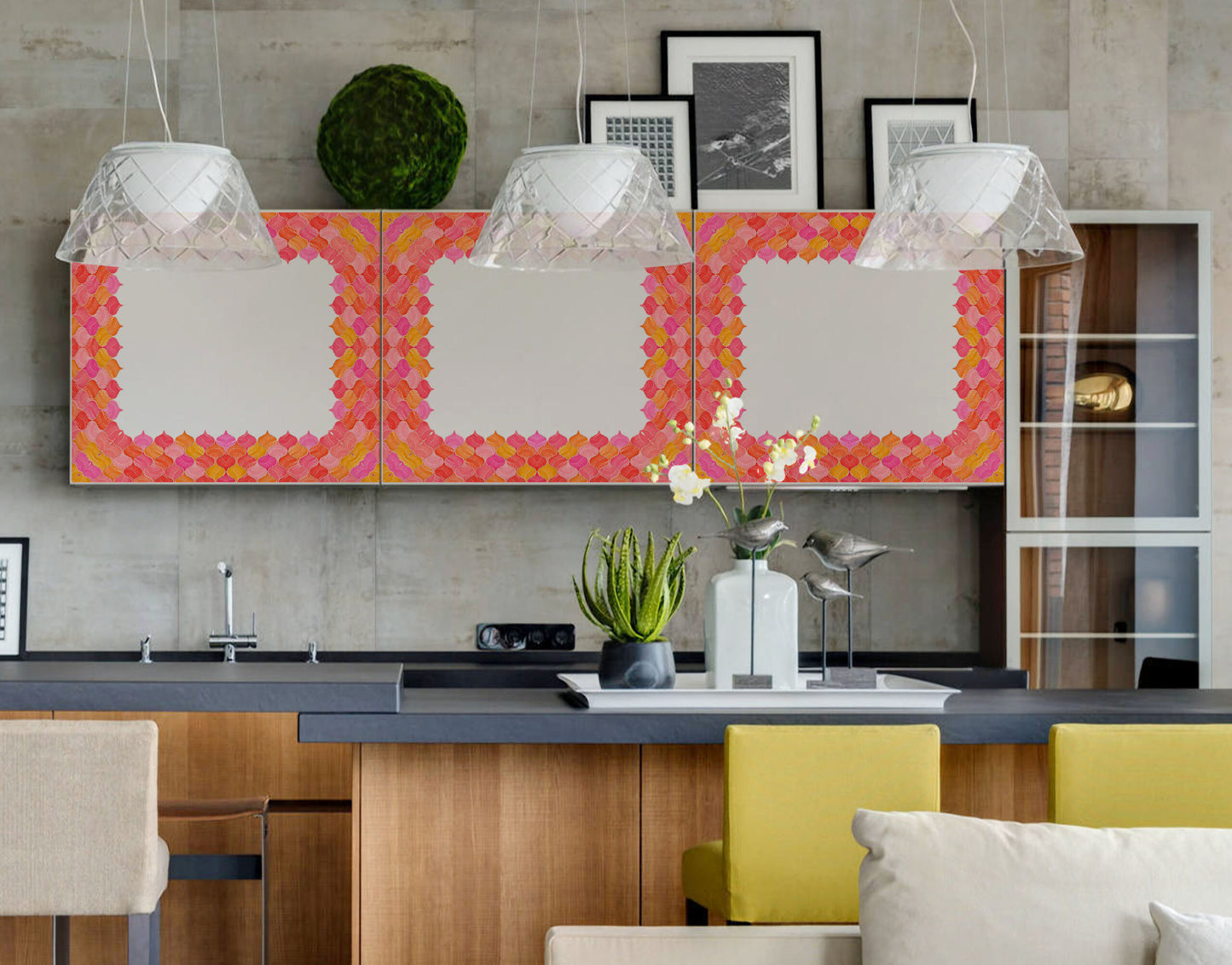 Mosaic Lantern Red Orange Shades Durable Surface Decoration Film for Kitchen, Cabinet, Table, Furniture, Wall, Bathroom, Door, Refurbishment