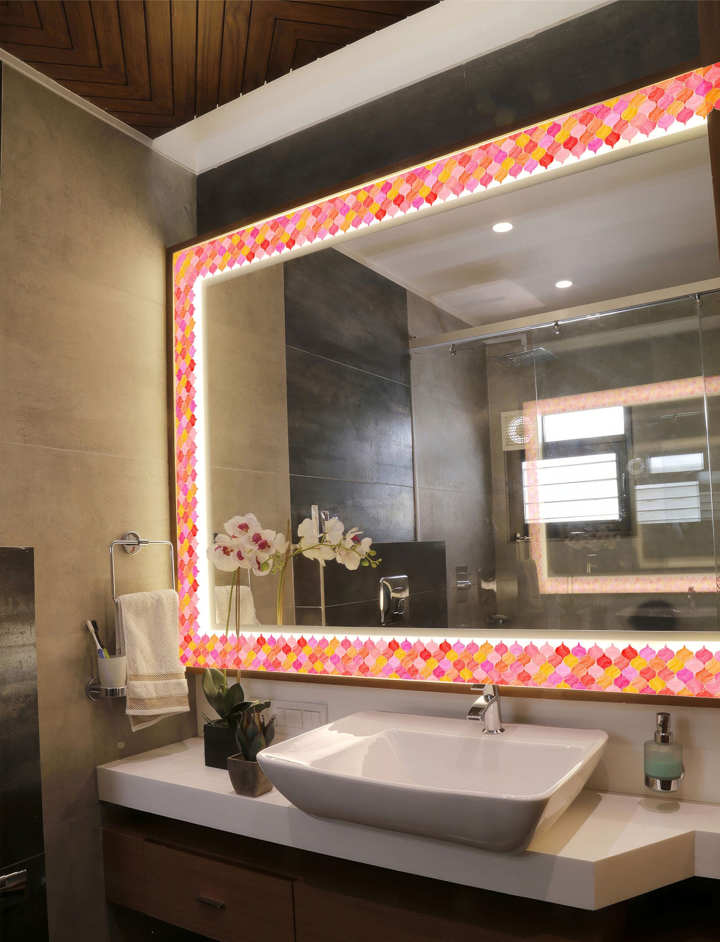 Mosaic Lantern Red Orange Shades Durable Surface Decoration Film for Kitchen, Cabinet, Table, Furniture, Wall, Bathroom, Door, Refurbishment