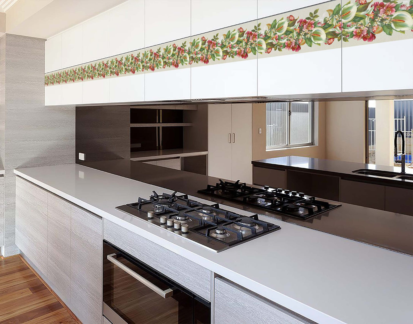 Green Anthurium and Pink Anemones Flowers Wall Border