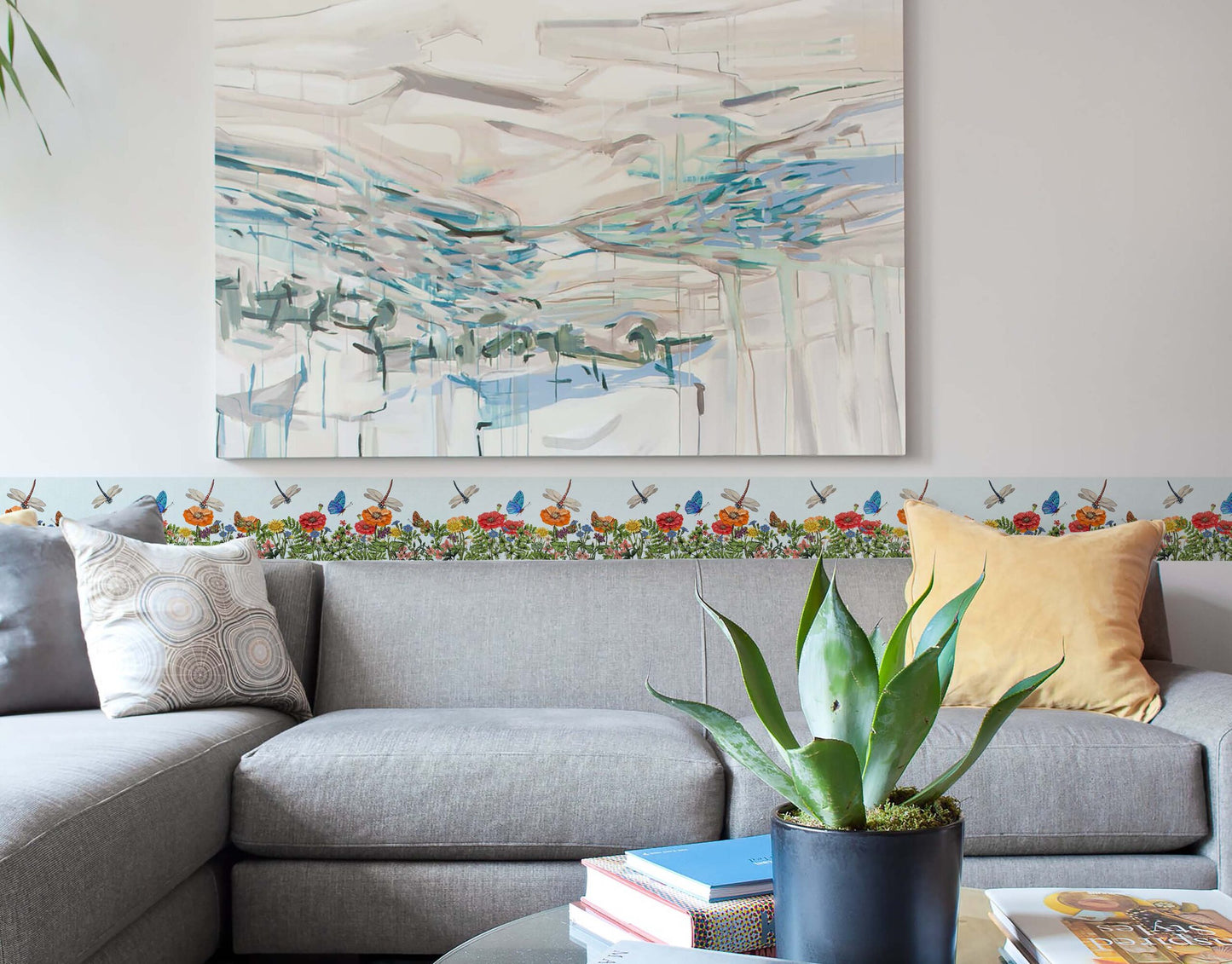 Orchid Flower With Plant and Butterflies Modern Wall Border