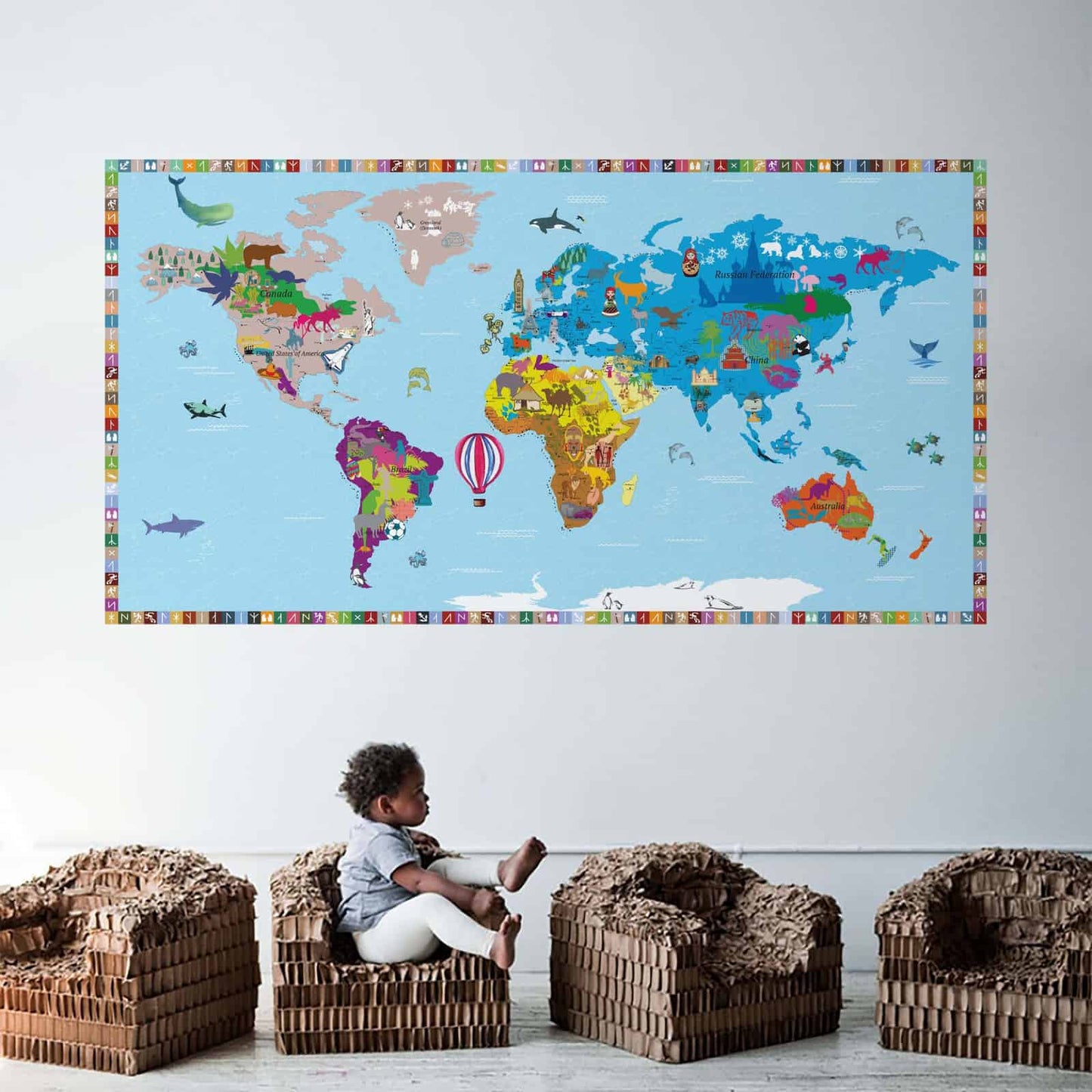 Illustrated World Map Poster for Kids Wall Sticker