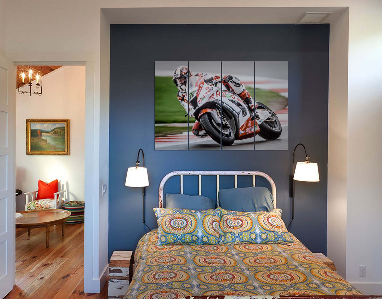 Speedway Orange & White Motorcycle Race Panning Wall Painting