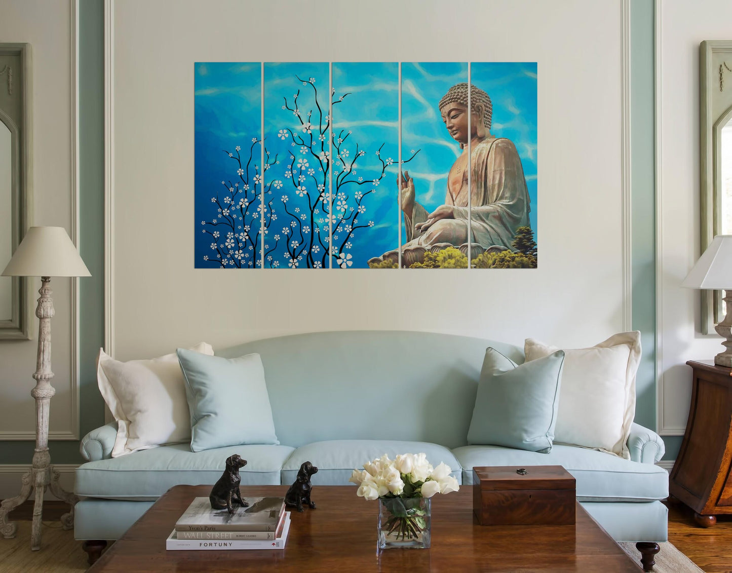 Big Tian Tan Buddha Shakyamuni Bronze Statue in Hong Kong with Painted Tree & Flowers on Blue Background Wall Art Painting
