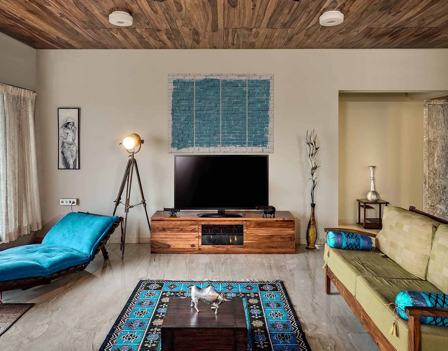 Blue & White Brick Surface Painting Wall Digital Print