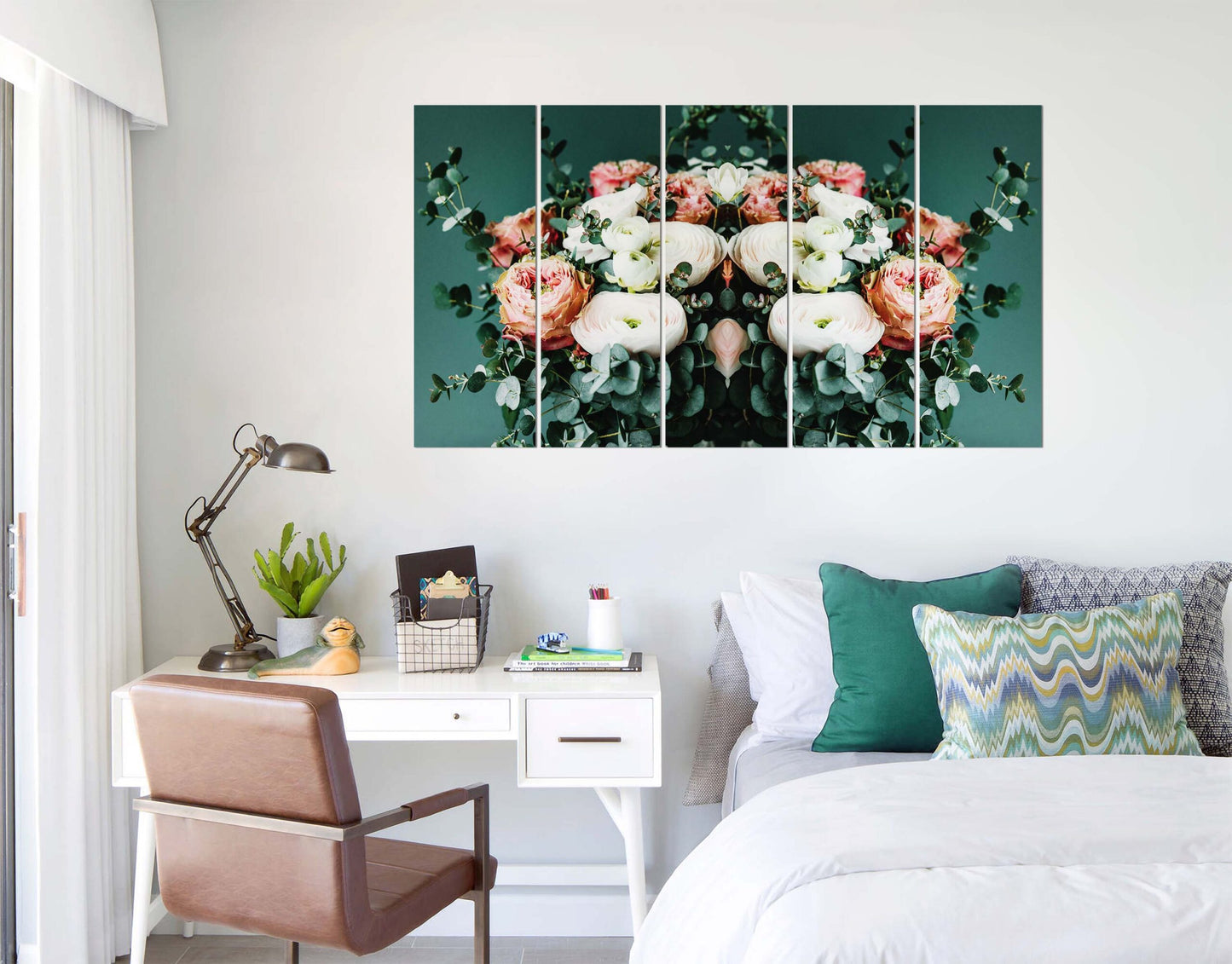 White & Pink Rose Flowers with Leaves Wall Wall Painting