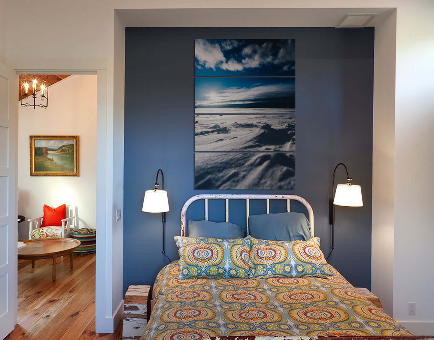 Snowy Landscape Blue Sky & White Clouds at Sunset Wall Canvas Print