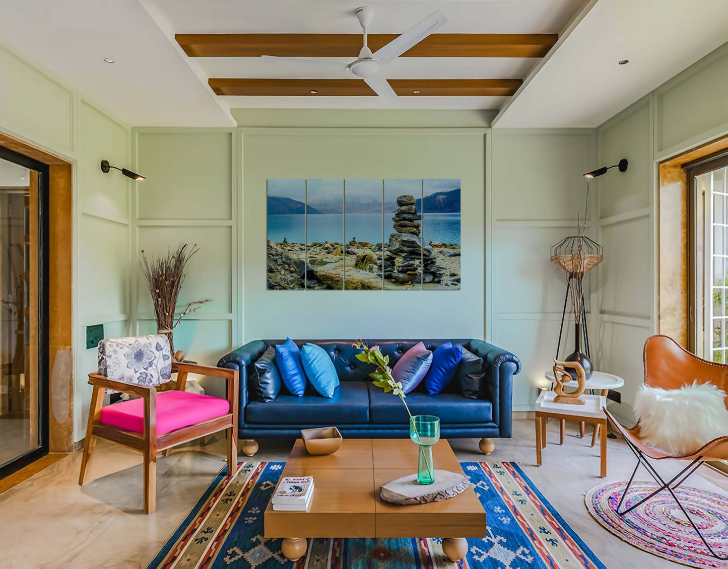 Rought Stone Arrangement Near River & Mountain Wall Canvas Print