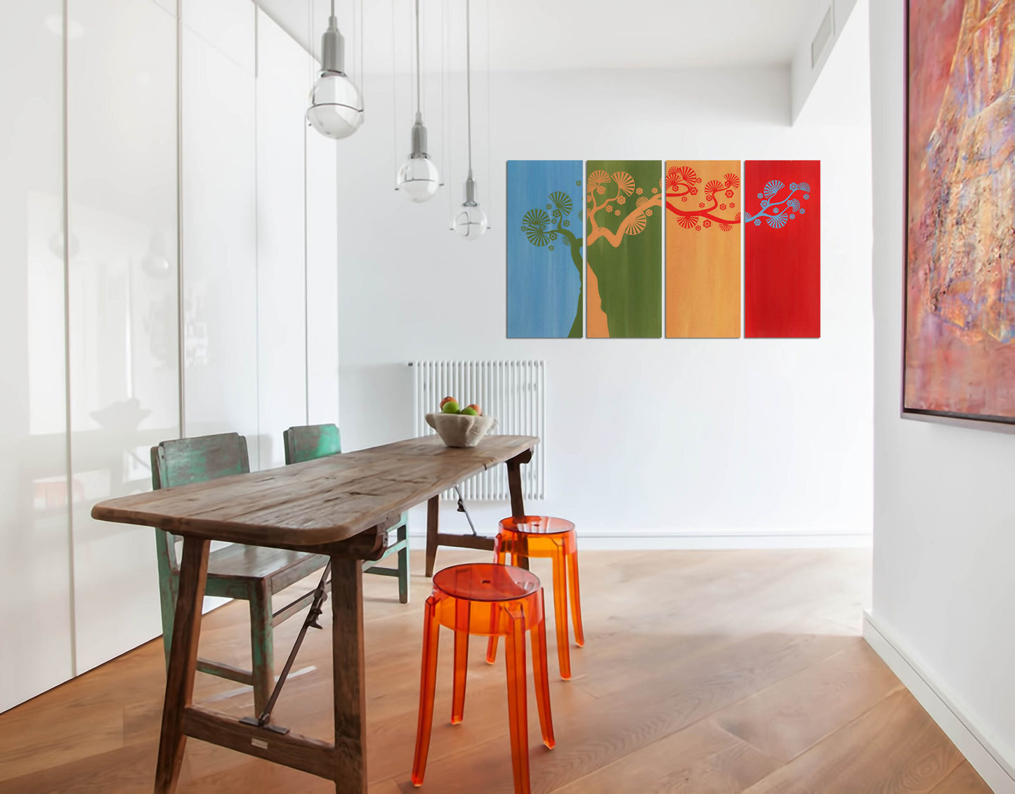 Graphical Tree on Multi Color Stripes Wall Painting