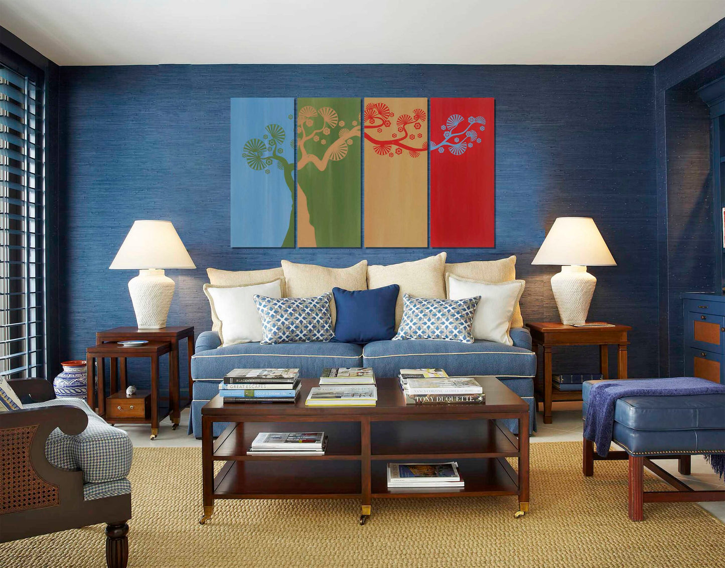 Graphical Tree on Multi Color Stripes Wall Painting