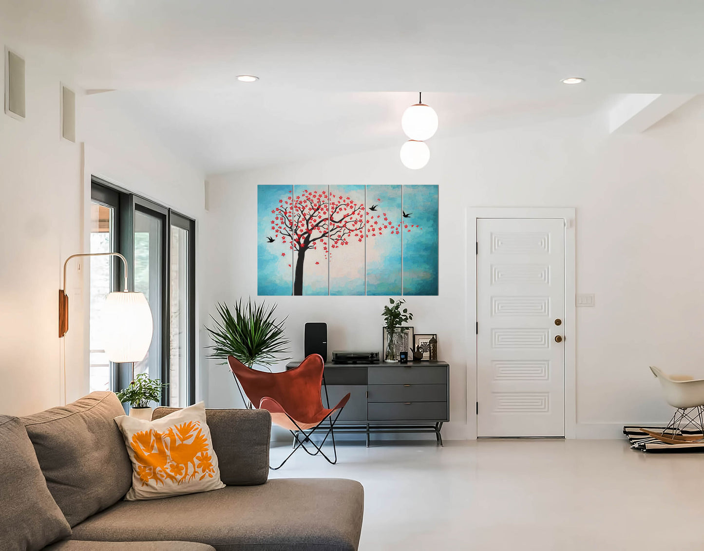 Silhouette of Tree & Birds with Red Leaves Painting Wall Canvas Print