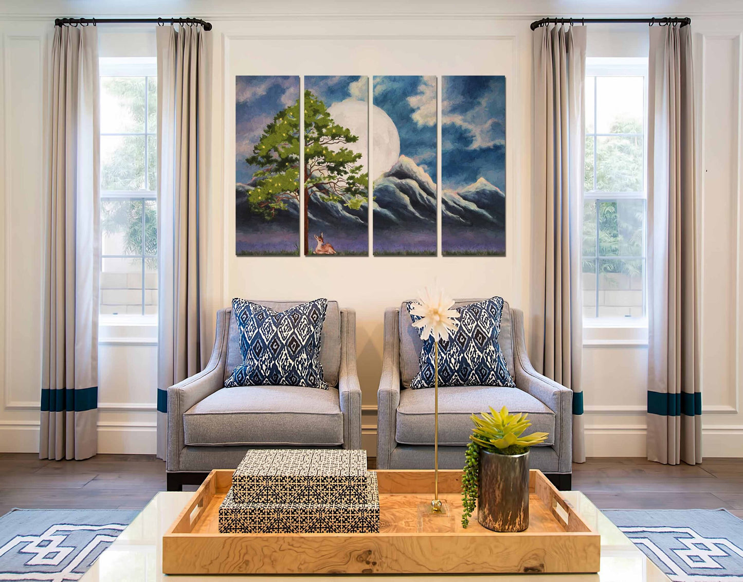 Tree with Summits & Cloudy Sun Wall Art Painting