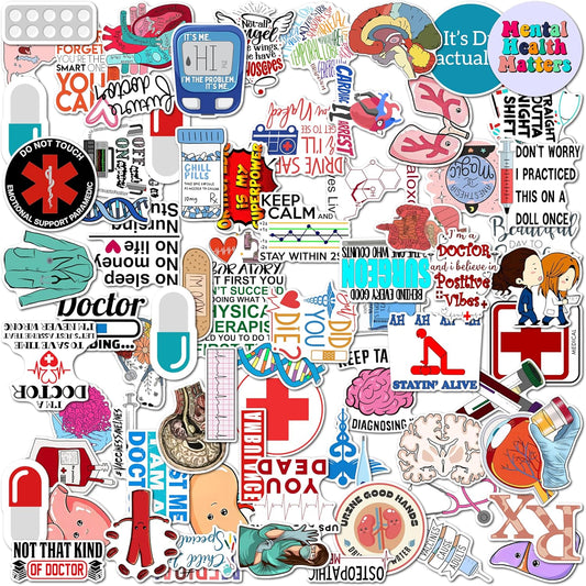 Doctor Sticker Collection Set of 75 Unique Designs for Medical Enthusiasts -  Mobile, Laptop, Journal - Durable, Laminated, Quality Printed Vinyl Perfect for Healthcare Medical Heroes