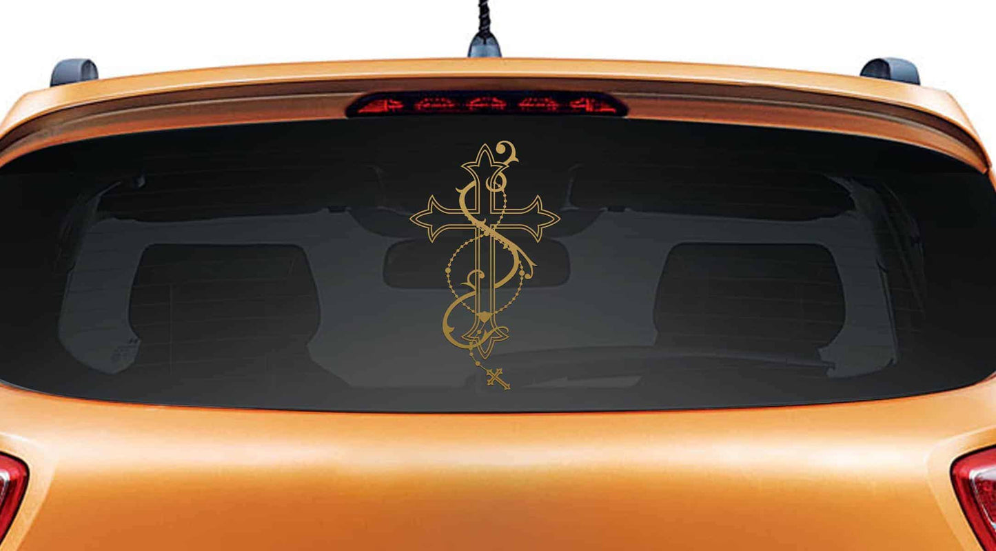 Cross and Rosery Car Rear Glass Sticker