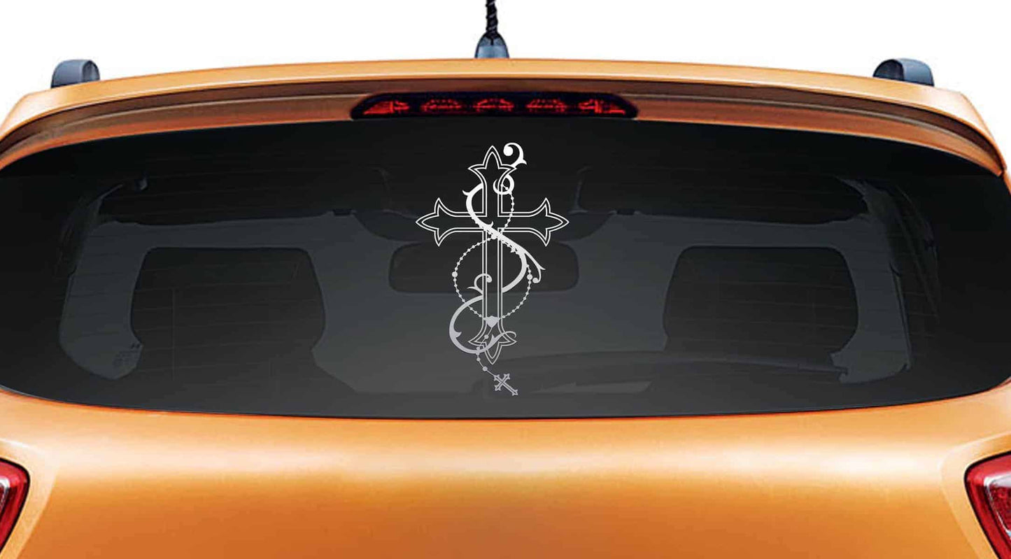 Cross and Rosery Car Rear Glass Sticker