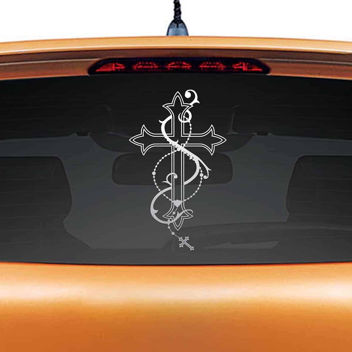 Cross and Rosery Car Rear Glass Sticker