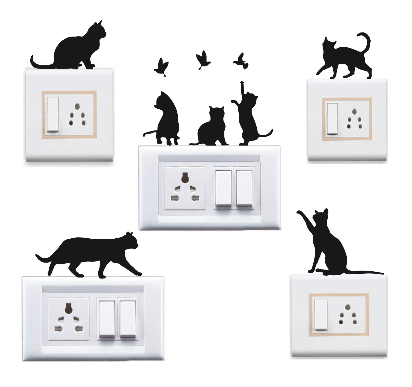 Vinyl Cute Cats Combo Switch Board Sticker - Set of 5 (Black)