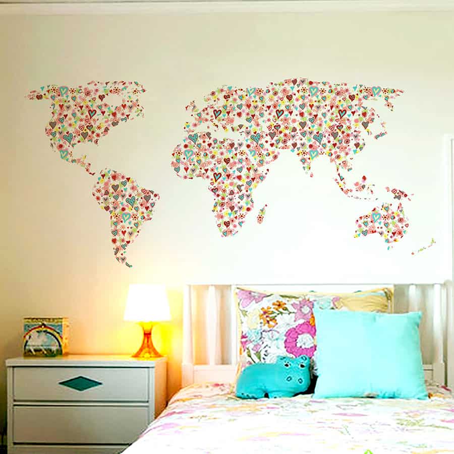 Flowers & Hearts Pattern World Map Wall Sticker