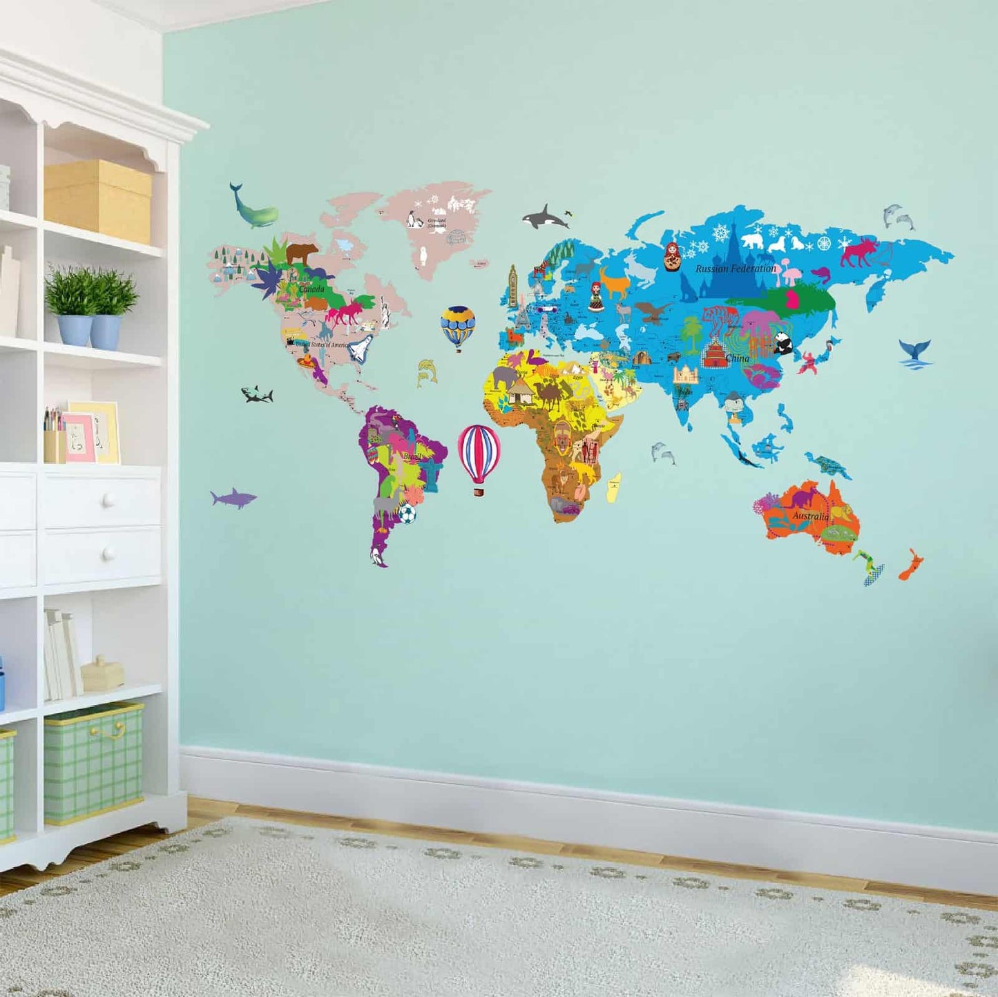 Illustrated World Map Decal for Kids Wall Sticker