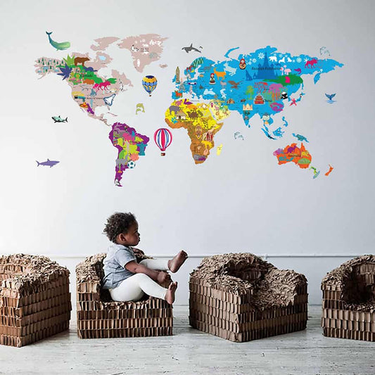 Illustrated World Map Decal for Kids Wall Sticker