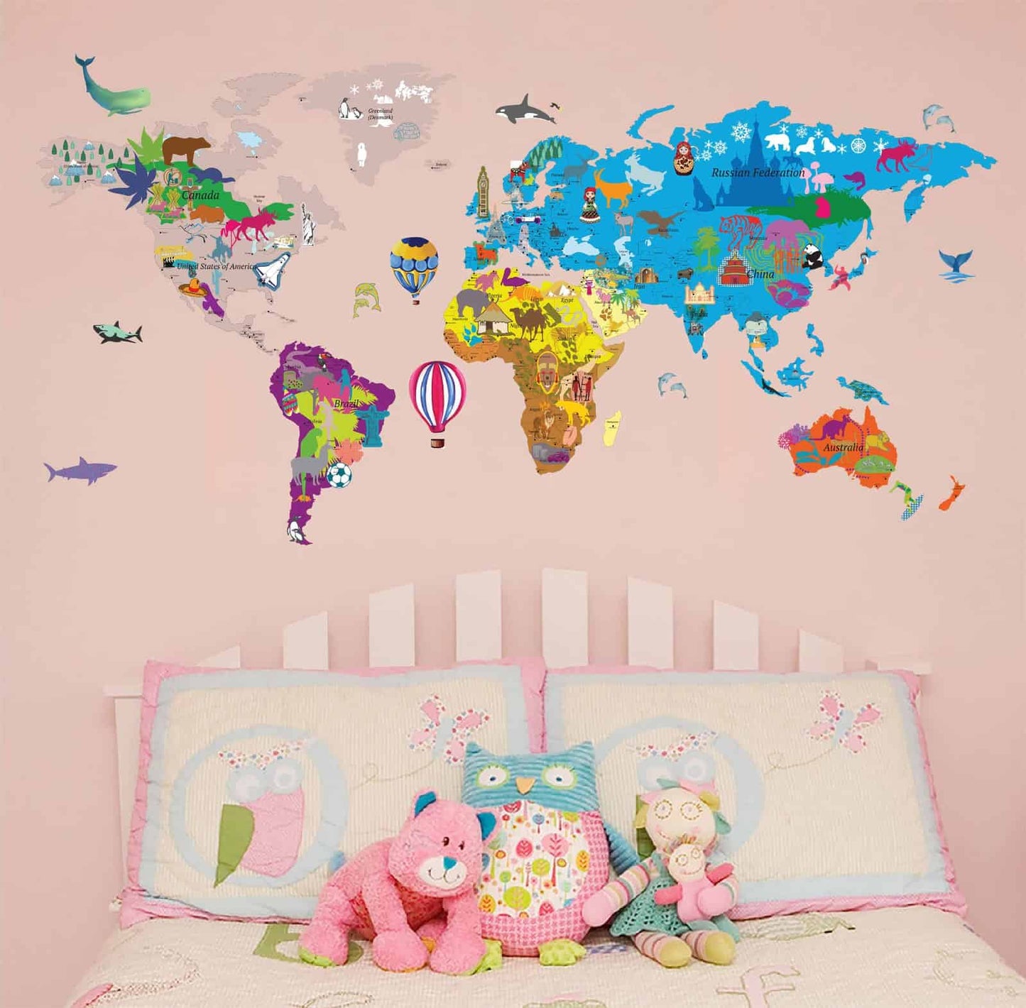 Illustrated World Map Decal for Kids Wall Sticker
