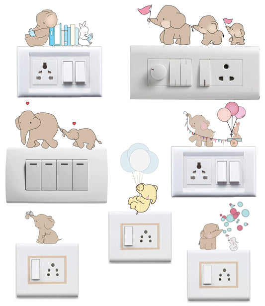 Vinyl Cute Baby Elephants Switchboard Sticker (Multicolour)- Set of 7 Self-Adhesive