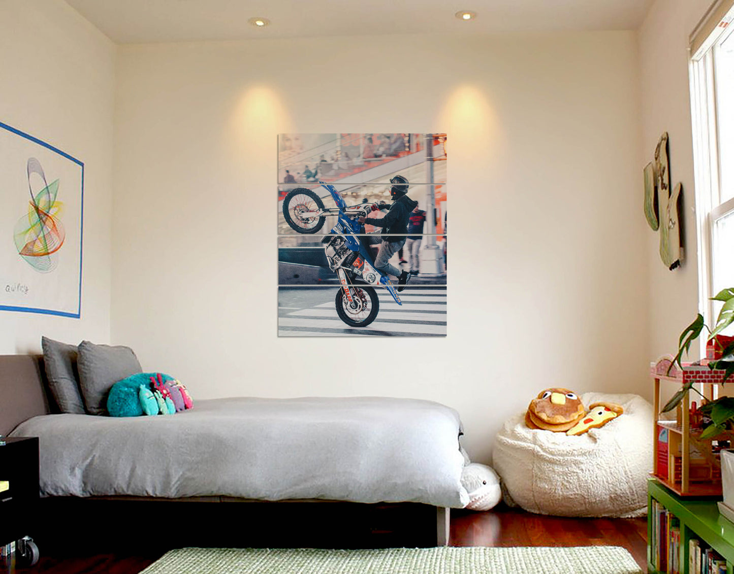 Blue Dirt Bike Wheelie on Motocross Wall Canvas Print