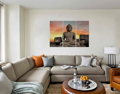 Peaceful Lord Goutam Buddha Stone Art with Sunset Wall Canvas Print