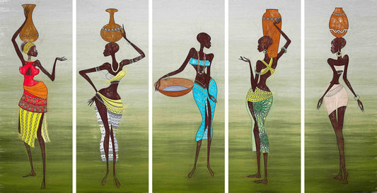 Modern African 5 Girls Painting Art Wall Digital Print