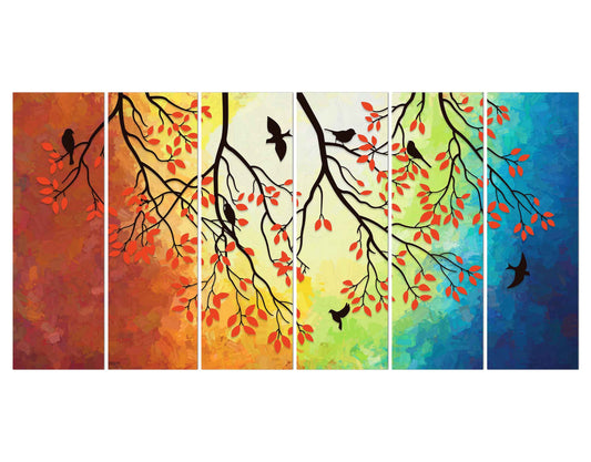 Silhouette of Birds Around Tree with Orange Leaves Painting Wall Art Print