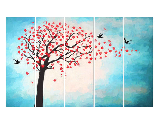 Silhouette of Tree &amp; Birds with Red Leaves Painting Wall Canvas Print