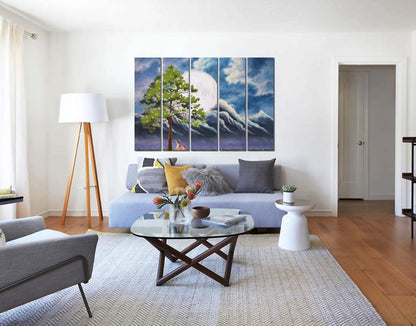 Tree with Summits &amp; Cloudy Sun Wall Art Painting