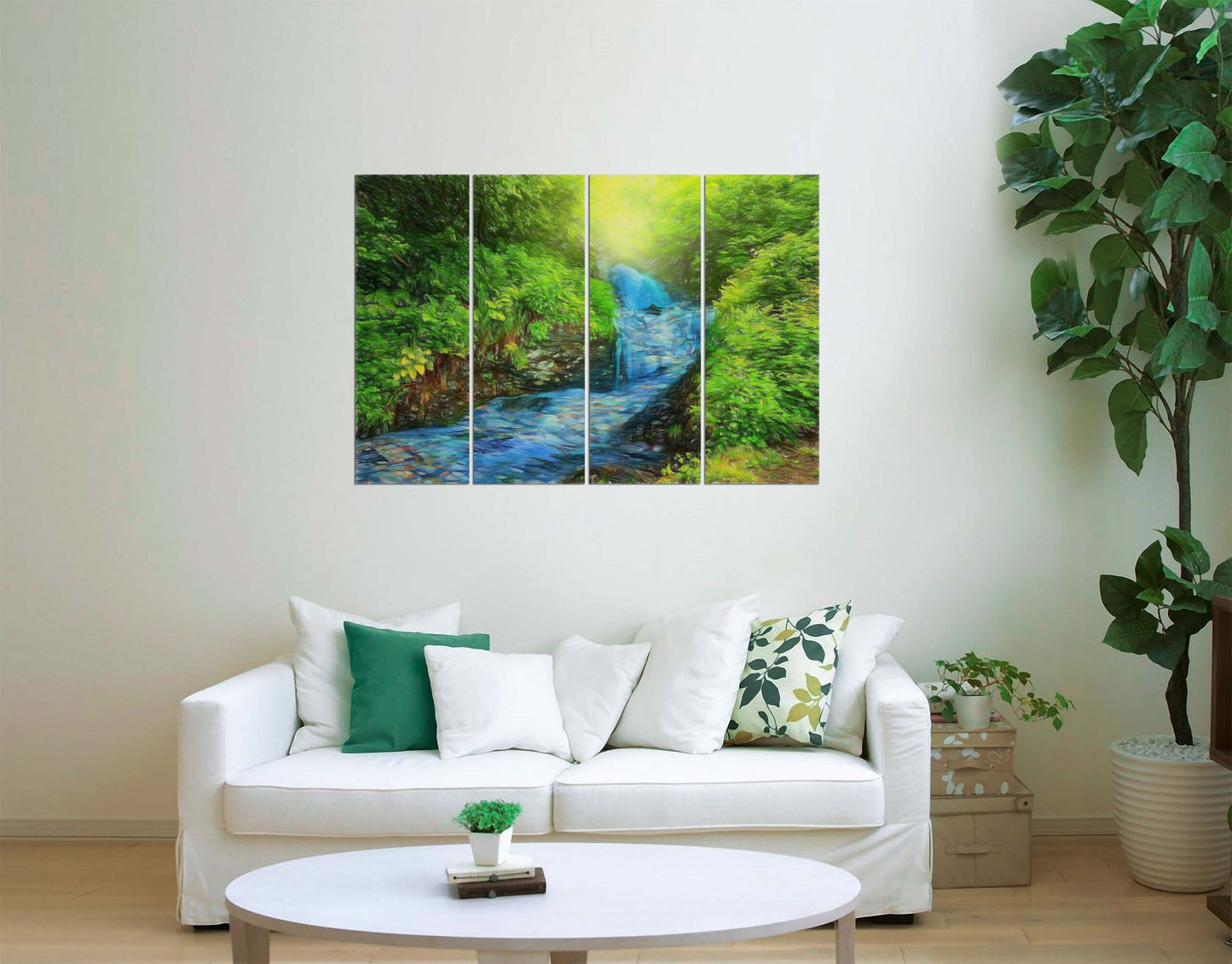 Beautiful River Flowing in Forest Painting Wall Painting