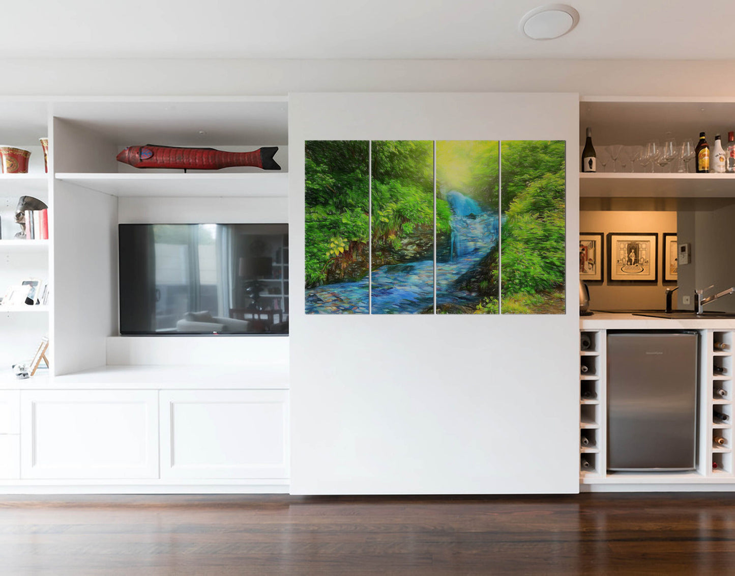 Beautiful River Flowing in Forest Painting Wall Painting