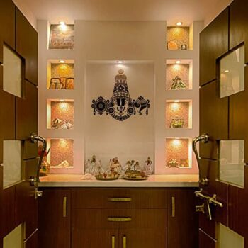 Modern Pooja Room Designed For Spacious Layout With Golden Leafy Wallpaper   Livspace